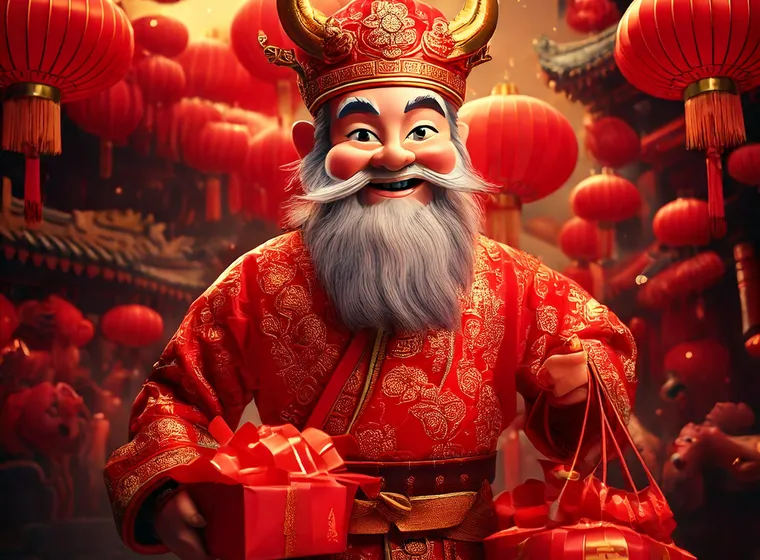 Firefly A traditional Chinese character delivering gifts during the Lunar New Year, surrounded by re (1)